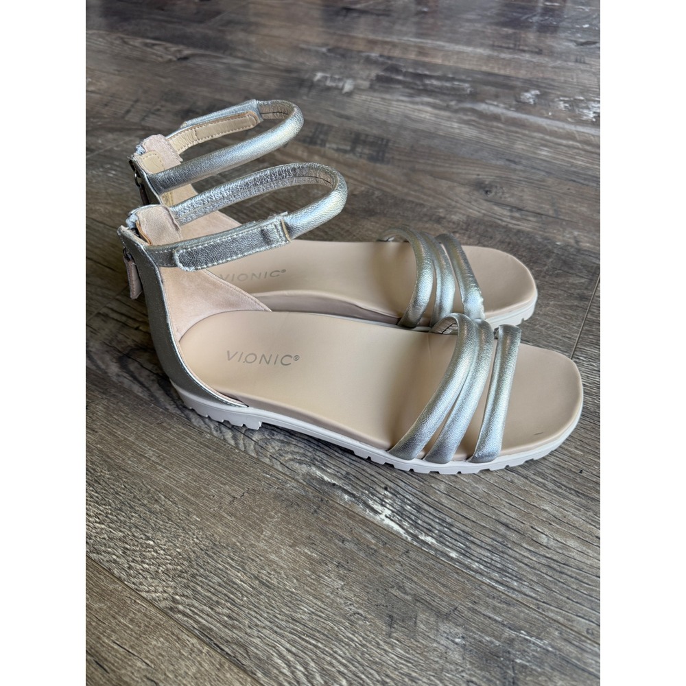 Vionic Laurel Womens 8 Silver Metallic Leather Sandals Lug Sole Comfort Orthotic - Picture 6 of 8